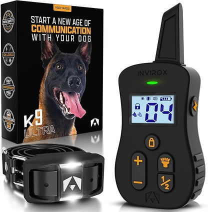INVIROX Dog Shock Collar [Ultra K9] 124 Training Levels, 4 Powerful Modes with Night-Light and ¾ Mile Range 100% Safe Dog Training Collar for Large Dogs IP67 Waterproof (Black)