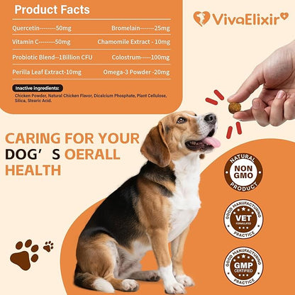 Quercetin & Bromelain for Dogs & Cats with Colostrum & Probiotics - Supports Immune System, Relieves Itchy Allergies, Anti-Inflammatory Antioxidants, Veterinarian Recommended, 120 Chewable Tablets