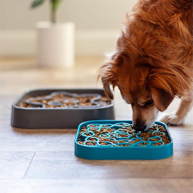 Messy Mutts Interactive Square Slow Feeder | Blue (8 Cup) | 11” x 11” Square Puzzle Slow Feeder for Dogs | Enrichment Food Dish for Slow Eating, Bloating