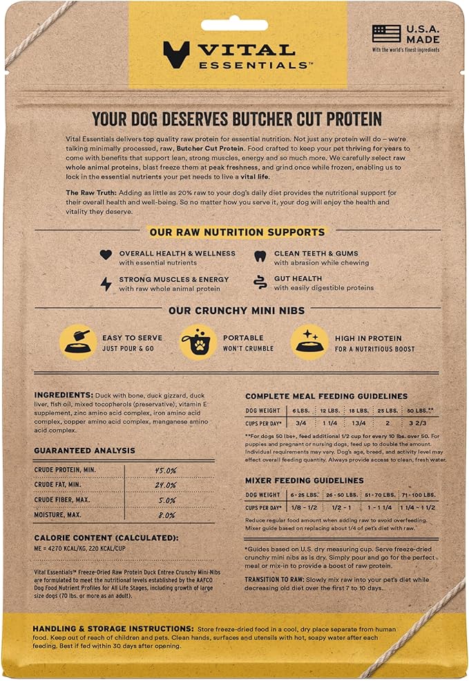 Vital Essentials Freeze-Dried Raw Duck Crunchy Mini Nibs | Complete Meal or Mixer Dog Food | 14 oz