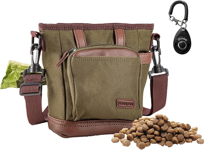 BEAU&FUR Large Dog Treat Pouch with Clicker for Training – 4 Cup Capacity, Built-In Poop Bag Dispenser, Expandable Pocket, Metal Buckle, Large Back Pocket, Ideal Design for Walks and Training – Green