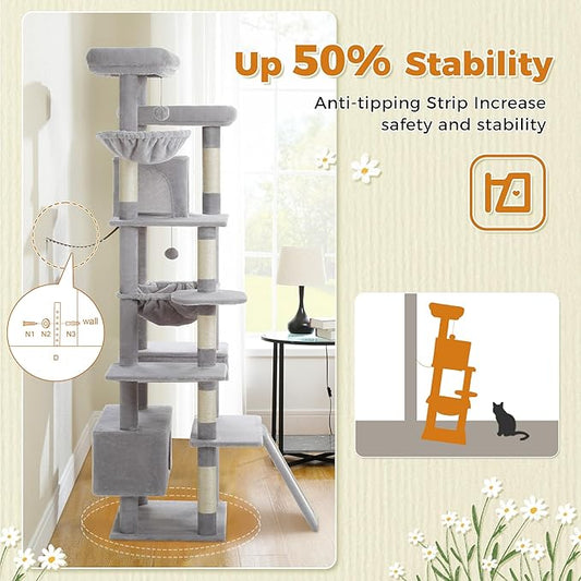 81 Inches Tall Cat Tree for Indoor Cats Large Adult - Heavy Duty Multi-Level Cat Tower with Large Metal Frame Hammock, Scratching Pad, 2 Top Perches, 2 Cozy Condos & 6 Scratching Posts - Gray