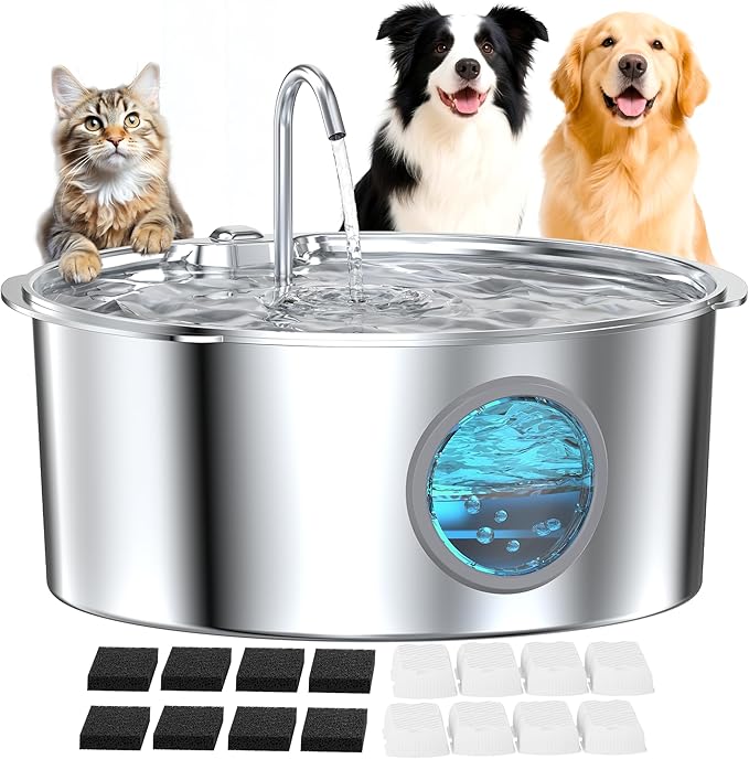 Large Dog Fountain Water Bowl: Sliver Big Cat Water Fountain Stainless Steel - 3.2Gal/406oz/12L Noiseless Giant Dog Fountains -GROOKPET Pet Suppiles for Multi-Pet Home - Contain 8 Filters + 8 Sponges
