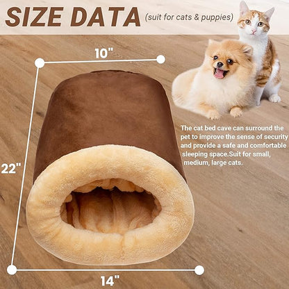Cat Cave Bed - Fleece Warm Covered Cat Bed Indoor for Cold Weather - Self Warming Fluffy Pet Tunnel Hideout Nest for Small Medium Large Cats Sleeping Playing (Reuseable Washable)