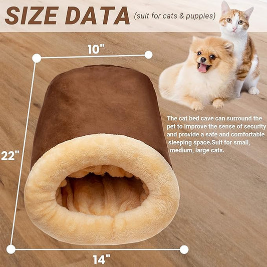 Cat Cave Bed - Fleece Warm Covered Cat Bed Indoor for Cold Weather - Self Warming Fluffy Pet Tunnel Hideout Nest for Small Medium Large Cats Sleeping Playing (Reuseable Washable)