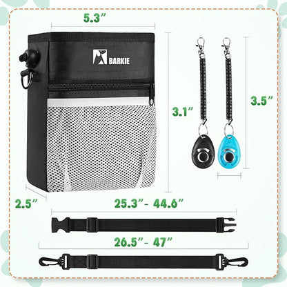 BARKIE Dog Treat Pouch and 2 Pet Training Clickers with Dog Positive Reinforcement Training Booklet (Black)