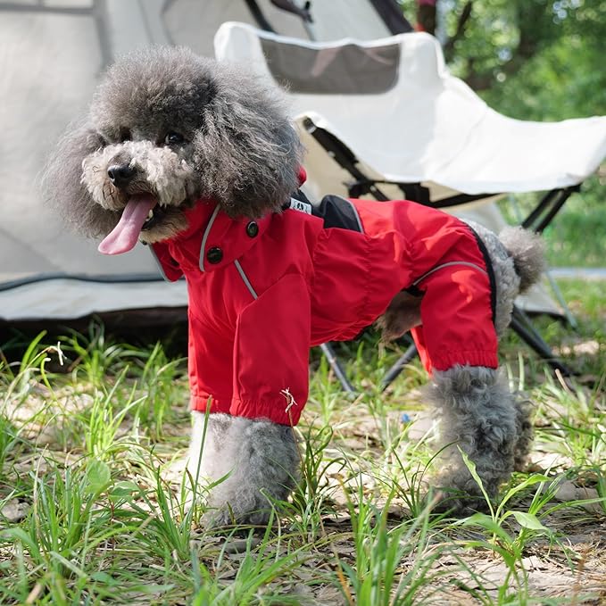 LOVELONGLONG Fleece-Lined Dog Raincoat with Removable Hood – Waterproof Winter Full Body Dog Jacket – Windproof Snowproof Cold-Weather Suit – Red-F S