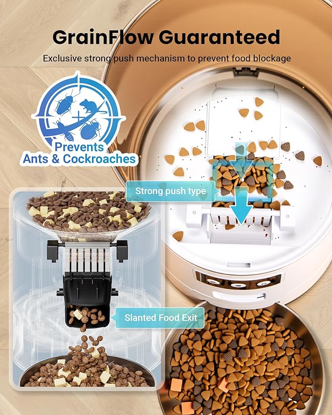 Vacqueen Automatic Cat Feeder for 3 Cats, 6L/25 Cups Smart WiFi Pet Feeder, Strong Anti-Jam System, Dual-Effect Desiccant Cat Food Dispenser, with 10S Voice Recorder for Cats and Small Dog(White)