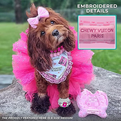 Haute Diggity Dog Pink Checker Chewy Vuiton Bone, Plush Designer Dog Toys with Interactive Squeaker, Stimulating Pet Enrichment, Machine-Washable & Safe Materials for All Breeds, Size Small