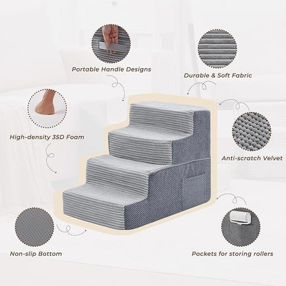HYLEORY Dog Stairs for Bed 18''H, 4-Step Pet Stairs for Small Dogs Cats, Sturdy Pet Steps with Non-Slip Bottom, Functional Portable Dog Ramp for Couch/Chair/Sofa/Car, Storage Pocket, Light Grey-Grey