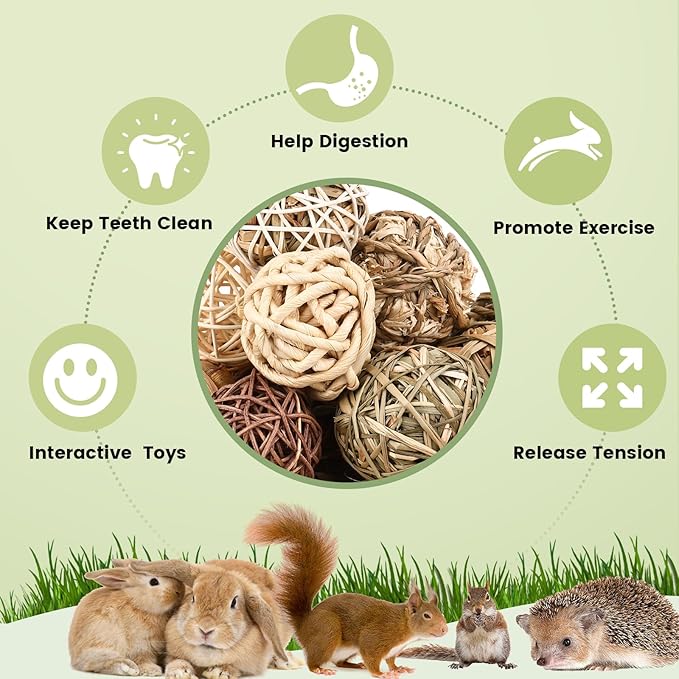 Bunny Chew Grass Balls, Rolling Chew Toys for Small Animals, Improving Dental Health, Natural Chew Grass Toys for Rabbits, Guinea Pigs, Chinchillas, Hamsters, Mice (16 Pcs)