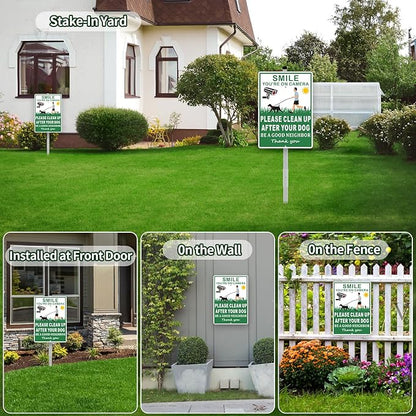 (2 Pack) Clean Up After Your Dog Signs, Please Pick Up After Your Dog Sign for Yard, No Pooping Dogs Signage -10x35 Heavy Duty Aluminum Weather Resistant and Easy to Install with Stake (Green)