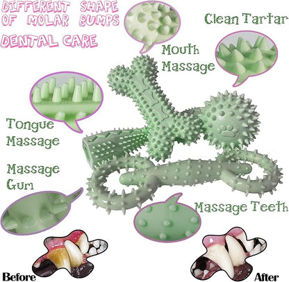 4 Pack Puppy Toys for 2-8 Months Pets Dog Chew Toy for Small Puppies Teething Toys for Cleaning Teeth Food Dispensing Soft Durable Rubber Bone Funny Ball Interactive Donut Treat Dumbbell (Green)