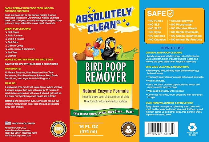 Absolutely Clean Amazing Bird Poop Remover - Just Spray/Wipe - Safely & Easily Removes Bird Messes - Use Indoor/Outdoor - Made in The USA