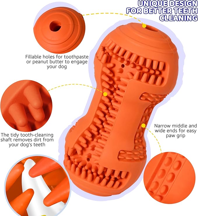 Durable Dog Chew Toy for Teeth Cleaning, Natural Rubber Dental Toy for Small Medium Dogs & Teething Puppies, Tough Chew Toy for Aggressive Chewers, Reduce Boredom and Keep Dogs Busy (Orange)