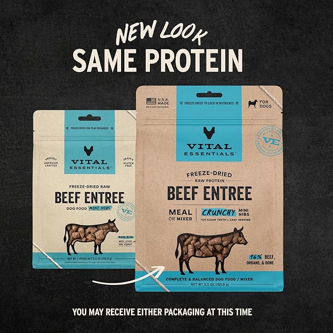 Vital Essentials Freeze-Dried Raw Beef Crunchy Mini Nibs | Complete Meal or Mixer Dog Food | 5.5 oz