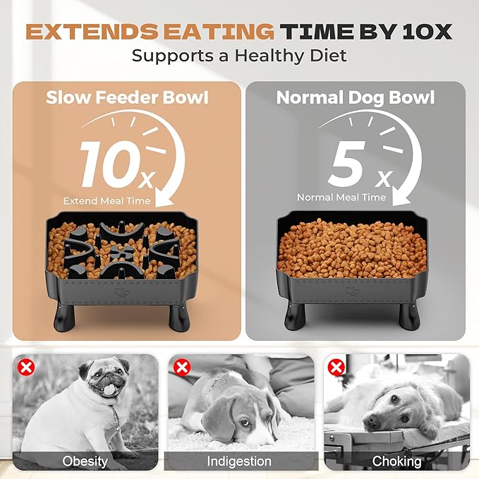 UPSKY Slow Feeder Dog Bowl, 2-in-1 Raised Dog Bowl with Anti-Choking Maze Puzzle, 2-6 Cups Pet Food for Small & Medium Breeds, Interactive Pet Feeder to Slow Eating, Reduce Boredom Black
