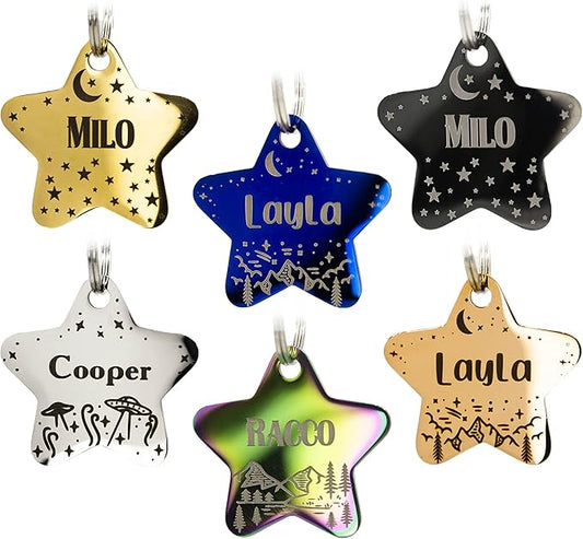 Personalized Dog Tag with 5 Lines of Custom Deep Engraved Durable Stainless Steel Pet ID Name Tag Designer Regular Size Star
