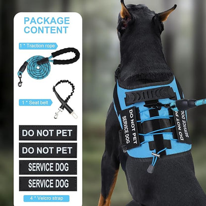 No Pull Dog Harness Small Medium Sized Dog, Service Dog Harness and Leash Set with 4 Patches, Adjustable Easy Walk Dogs Harnesses with Handle, Dogs Vest Harnesses French Bulldog, Chihuahua(Blue, M)