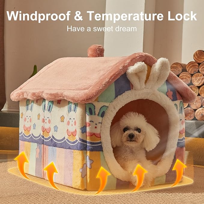 JIUPETY Cute Small Dog House Indoor, Foldable House Kennel Bed Mat with Cushion, L Size Tent Up to 25 Lbs, Dog Cave Bed with Non-Slip Bottom, Rainbow