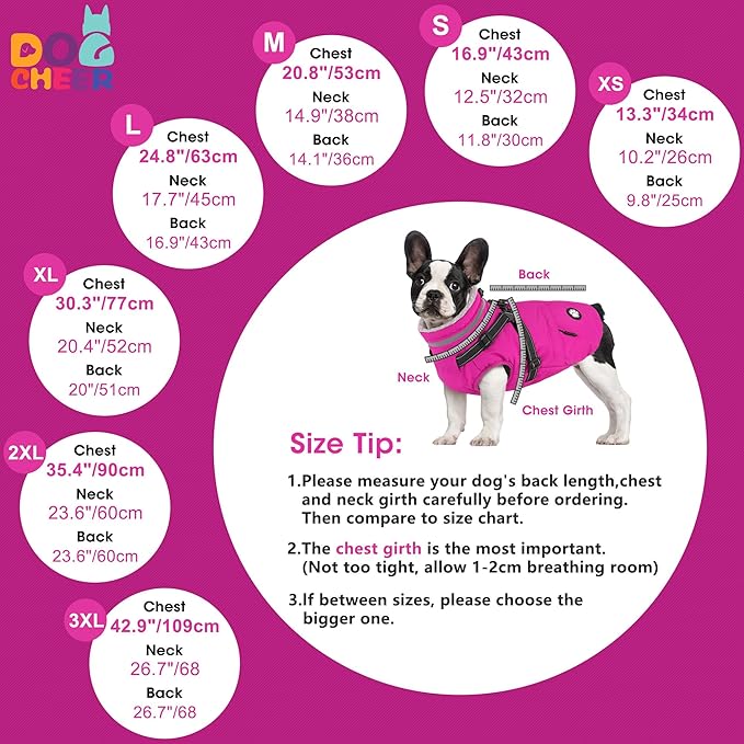 Dogcheer Dog Coat with Harness, Waterproof Dog Jacket Christmas Pet Winter Coat with Pockets, Reflective Doggy Turtleneck Fleece Jacket for Small Medium Large Dogs - Pink, XL