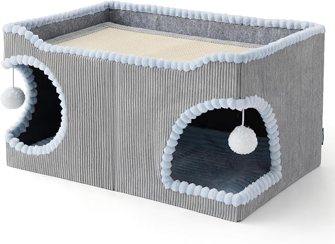 Bedsure Large Cat Beds for Indoor Cats - Extra Wide Cat House with Scratch Removable Top Sisal Pad for Multi Cats, Foldable Cave Hideaway for Entertainment, 23.6x15.9x12.6inches, Grey