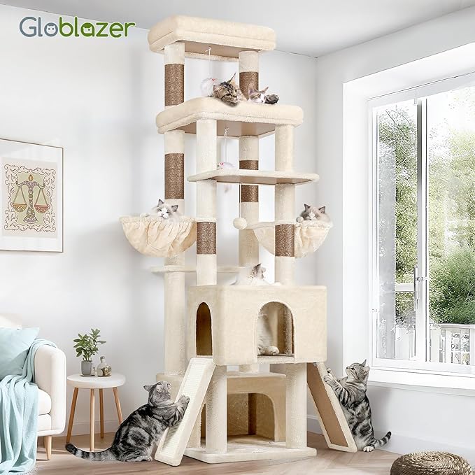Globlazer Heavy Duty Cat Tree 78 inch Sturdy Cat Tower for 20lbs Large Adult Cats, Symmetrical Aesthetic Big Cat Tree with Extra Large Platform, 2 Scratching Boards, Z78, Beige