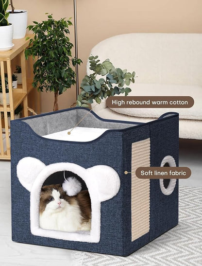 Cat Houses for Indoor Cats, Large Cat Cave with Fluffy Ball and Scratch Pad, Covered Cat Bed House, Foldable Cat Hideaway