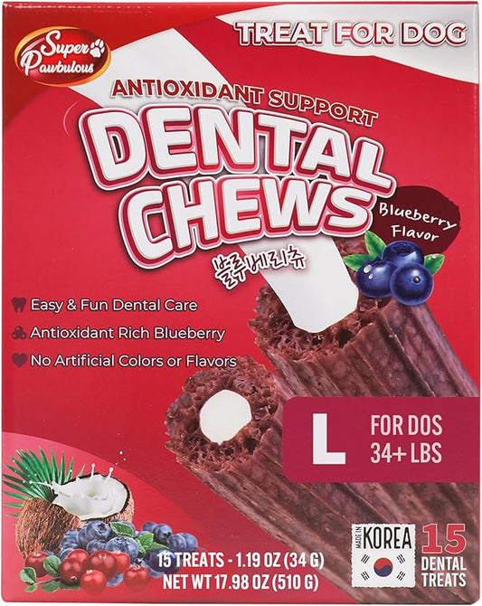 SuperPaw Dental Chews for Dogs - Healthy Dog Dental Treats for Teeth and Gums, Natural Chew Toy Alternative, Teeth & Gum Cleaning - Large, Blueberry, Pack of 1