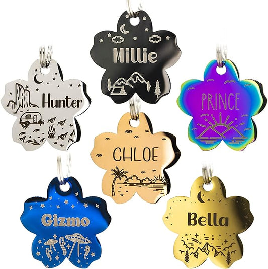 Personalized Dog Tag with 5 Lines of Custom Deep Engraved Durable Stainless Steel Pet ID Name Tag Designer Small Size Flower