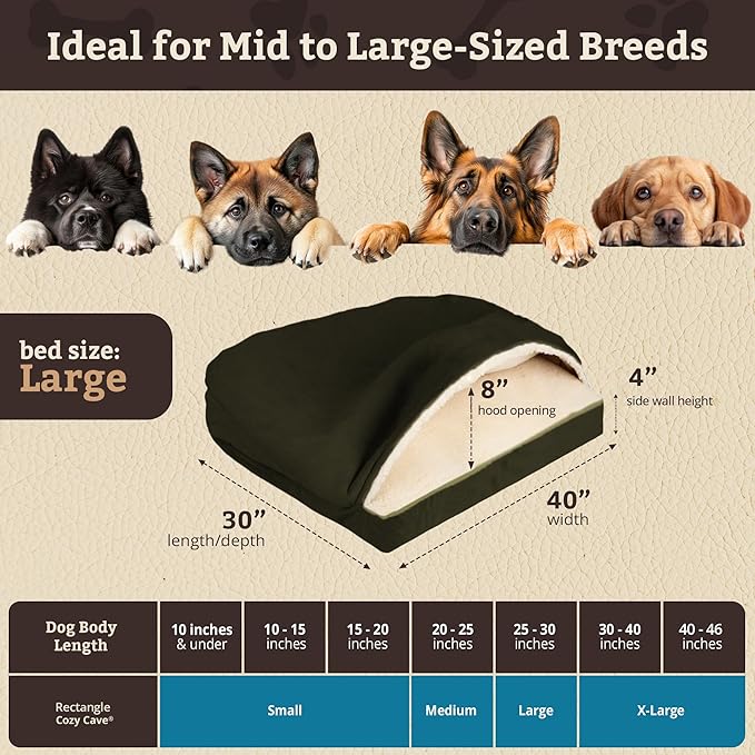 Snoozer Rectangle Cozy Cave Dog Bed - Indoor Dog Bed with Cover Cave, Covered Calming Burrow for Medium & Large Sized Pets with Blanket Attached, Enclosed, Washable Cover - Large, Olive
