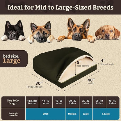 Snoozer Rectangle Cozy Cave Dog Bed - Indoor Dog Bed with Cover Cave, Covered Calming Burrow for Medium & Large Sized Pets with Blanket Attached, Enclosed, Washable Cover - Large, Olive