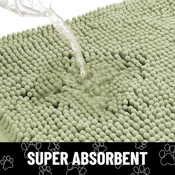 Smiry Dog Door Mat for Muddy Paws, Absorbent Dirt Trapper Non Slip Quick Dry Washable Chenille Mat for Mud Dogs, Entry Rug for Indoor and Outdoor (47x32 Inches, Sage Green and White)