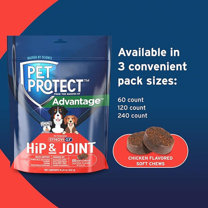 Pet Protect Dog Hip & Joint Supplement for Occasional Joint Stiffness, Vet-Formulated Synovi G3, Dog Glucosamine, Chicken-Flavored Soft Chews (120 Count)