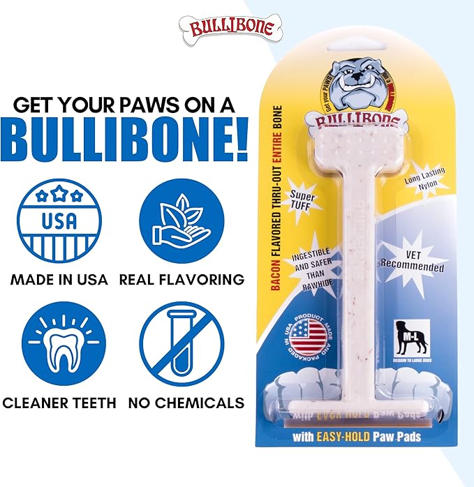 Bullibone Nylon Dog Chew Toy Nylon Bone - Improves Dental Hygiene, Easy to Grip Bottom, and Permeated with Flavor (Bacon, Small - Single)