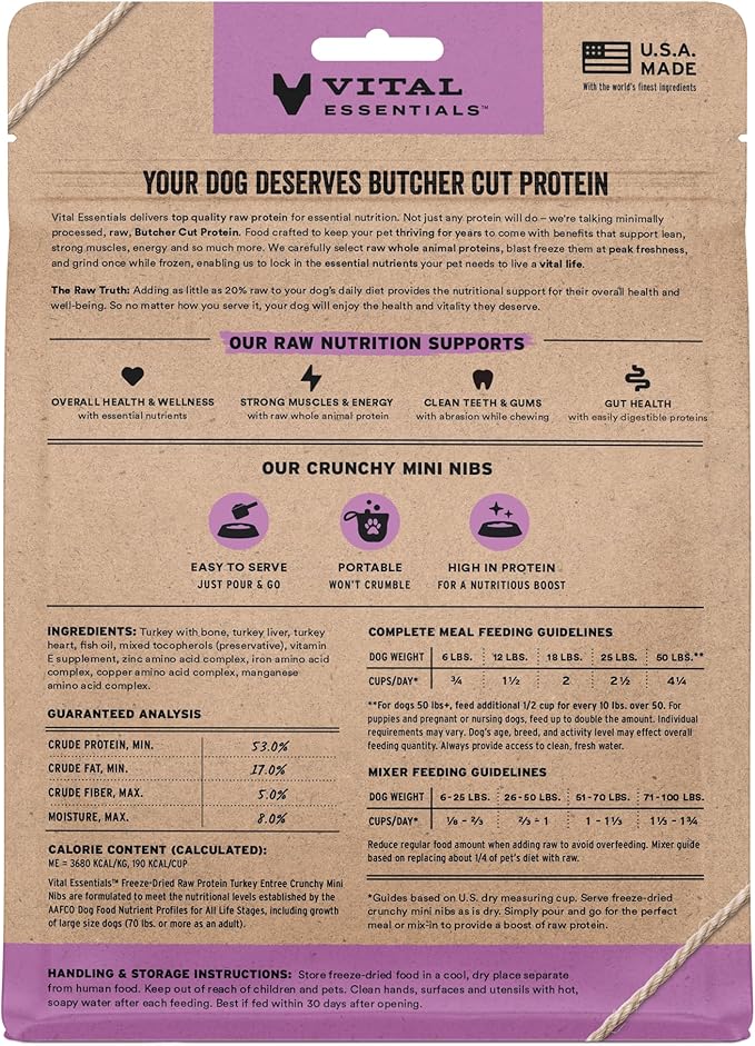 Vital Essentials Freeze-Dried Raw Turkey Crunchy Mini Nibs | Complete Meal or Mixer Dog Food | 5.5 oz