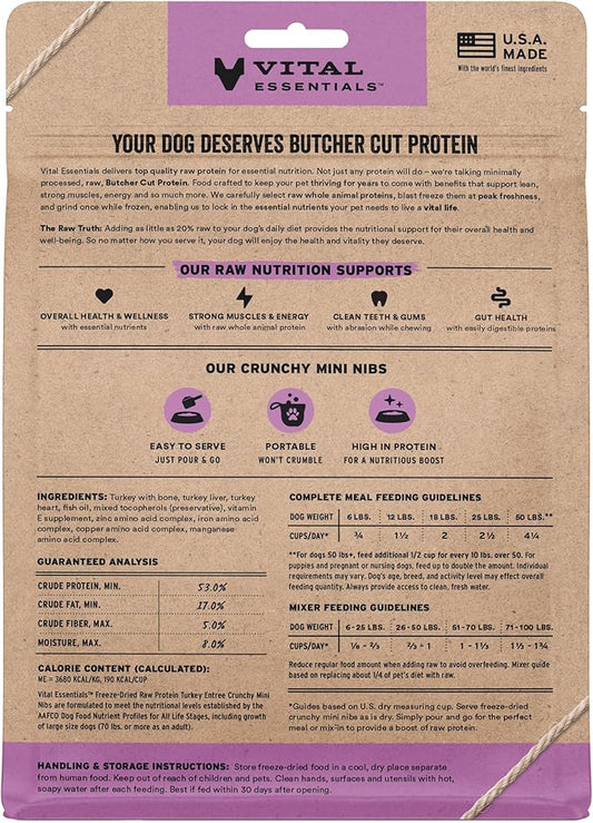 Vital Essentials Freeze-Dried Raw Turkey Crunchy Mini Nibs | Complete Meal or Mixer Dog Food | 5.5 oz