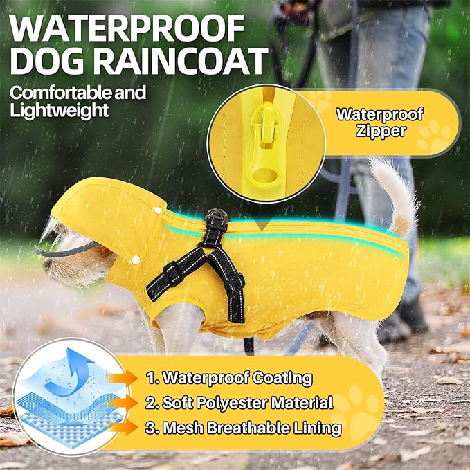 SlowTon Dog Raincoat Waterproof - Dog Rain Jacket with Harness and Hood Lightweight, Reflective Dogs Rain Coat for Large Medium Small Dogs Girl Boy Puppy Poncho Pet Clothes (Yellow, M)