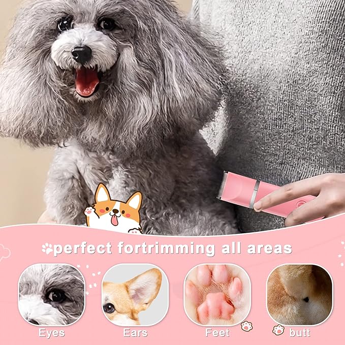 Dog Grooming Clippers Kit-Electric Rechargeable Cat Trimmer Tools-Cordless Quiet Pet Nail Paw Grinder-4 in 1 Multifunctional Low Noise Shaver-Razor for feet Face Ears Toenail Eye（Pink）