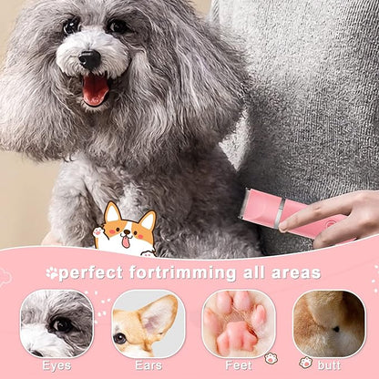 Dog Grooming Clippers Kit-Electric Rechargeable Cat Trimmer Tools-Cordless Quiet Pet Nail Paw Grinder-4 in 1 Multifunctional Low Noise Shaver-Razor for feet Face Ears Toenail Eye（Pink）