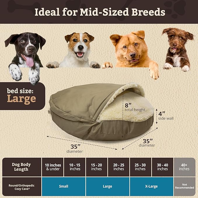 Snoozer Classic Poly-Cotton Cozy Cave Pet Bed, Large, Khaki