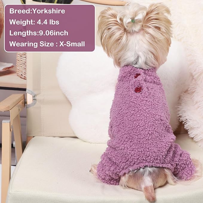 Fleece Dog Sweater Dog Pajamas Small Sized Dogs Boy Girl Fleece Puppy Clothes Jammies 4 Leg Doggie Pjs for Chihuahua Yorkie Spring Winter Warm Pet Onesies Jumpsuit Clothing Male Female, XS, Purple