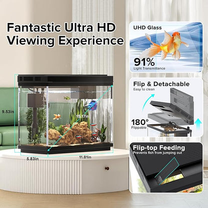 Vehipa Fish Tank, 2.4 Gallon Fish Aquarium, Fish Tank Starter kit with Smart Humidifier, Temperature Display, 7-Color Lighting, 3 in 1 Quiet Pump with Filteration & Oxygenation & Circulation