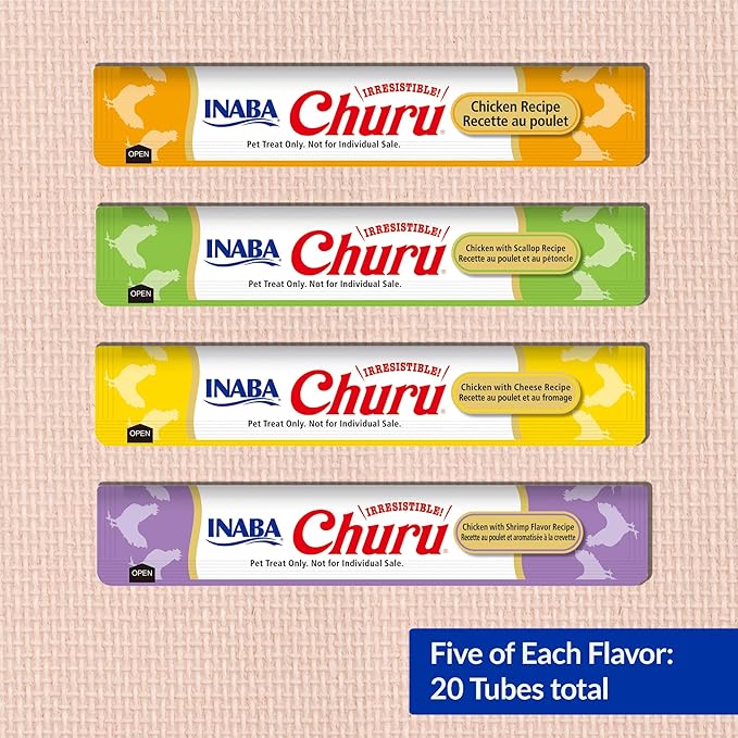 INABA Churu Cat Treats, Grain-Free, Lickable, Squeezable Creamy Purée Cat Treat/Topper with Vitamin E & Taurine, 0.5 Ounces Each Tube, 20 Tubes, Chicken Variety