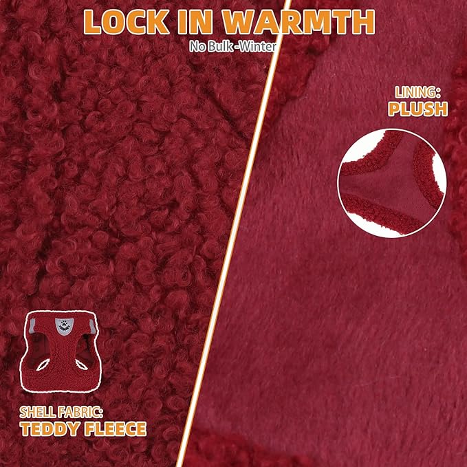 KOOLTAIL Plush Small Dog Harness and Leash Set, Warm Fleece No Pull Puppy Vest for Winter, Lightweight Reflective Step in Pet Harness for Medium Sized Dogs Boy Girl Outdoor Walking, Christmas Red S