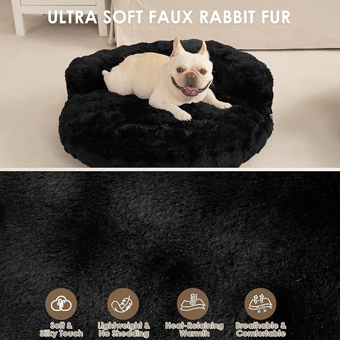 EHEYCIGA Medium Dog Bed and Large Cat Couch – Fluffy Faux Rabbit Fur Pet Sofa for Small and Medium Dogs, Washable Removable Cover, Waterproof and Non-Slip, 30 Inch, Black