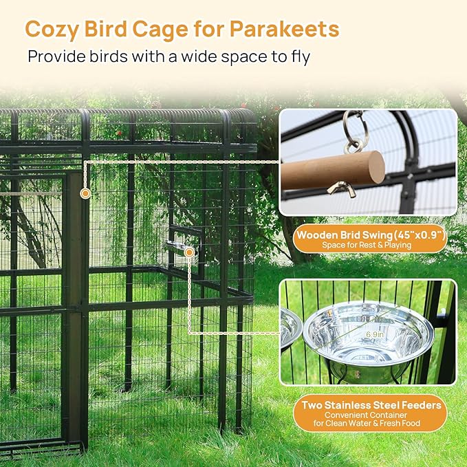 wonline 10FT Extra Large Bird Cage for Parakeets Outdoor Bird Aviary Parrot Cage with Perch, Walk-in Heavy Duty Birdcage for Macaws Canaries Parrots Budgie Lovebirds, Black