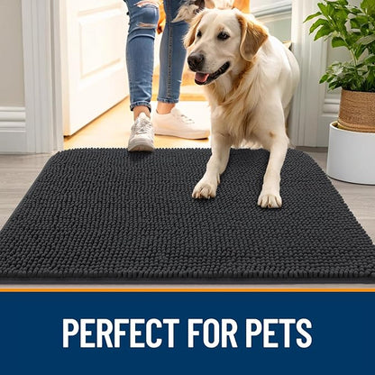 OLANLY Dog Door Mat for Muddy Paws 32x20, Absorbs Moisture and Dirt, Absorbent Non-Slip Washable Doormat, Quick Dry Chenille Mud Mat for Dogs, Entry Indoor Entryway Carpet for Inside Floor, Dark Grey