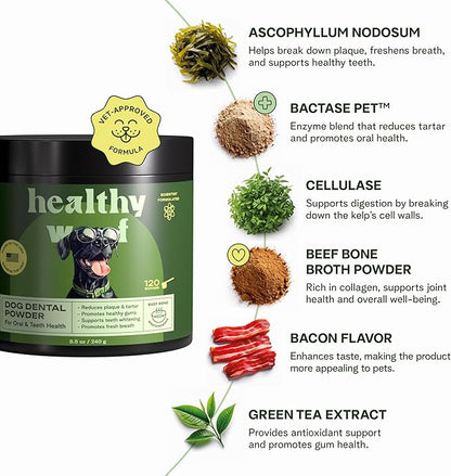 Dog Dental Powder with Icelandic Kelp, Enzymes & Green Tea – Dog Breath Powder & Tartar Remover – Dental Cleaning for Dogs – 8.5 oz (120 Servings)