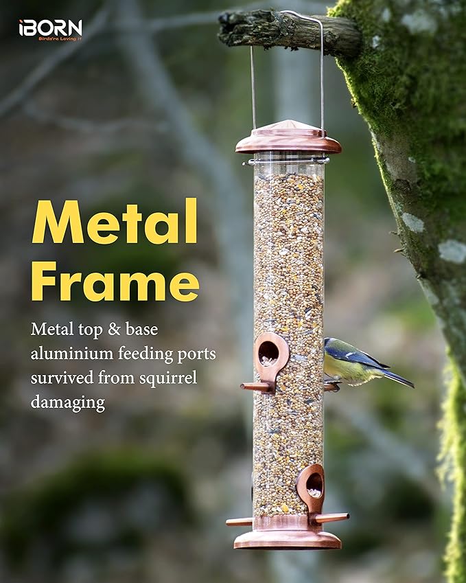 iBorn Metal Bird Feeders Metal Bird Feeder Copper for Outdoors Hanging All Copper Finishing 15 Inch 4Port(Seed is not Included)